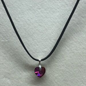 Bright Pink Heart Shaped Glass Pendant Charm Suede Leather String Cord Necklace